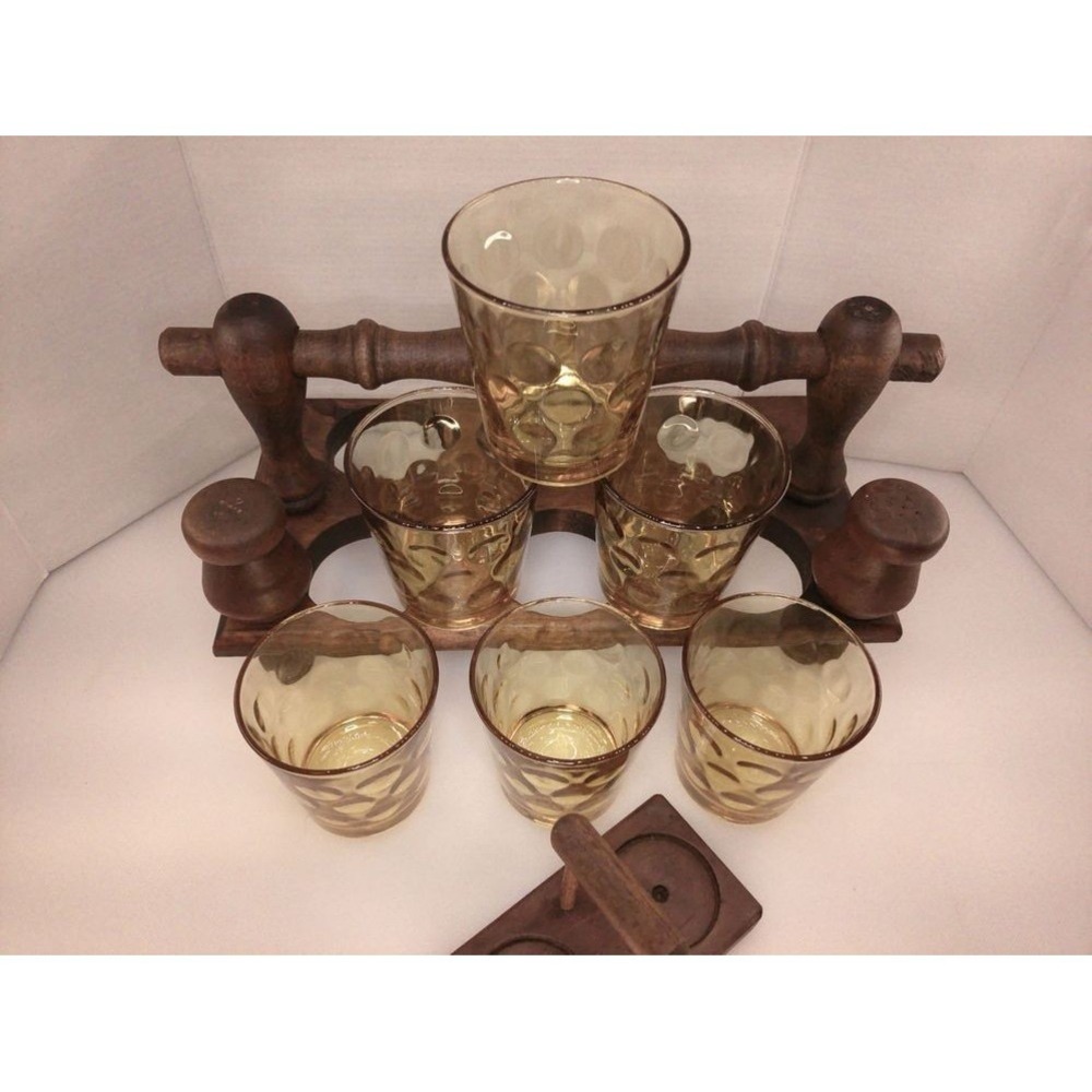 Vintage Amber Lowball Glasses Set of 6 with Wooden Caddy and Salt Pepper - Picture 4 of 8